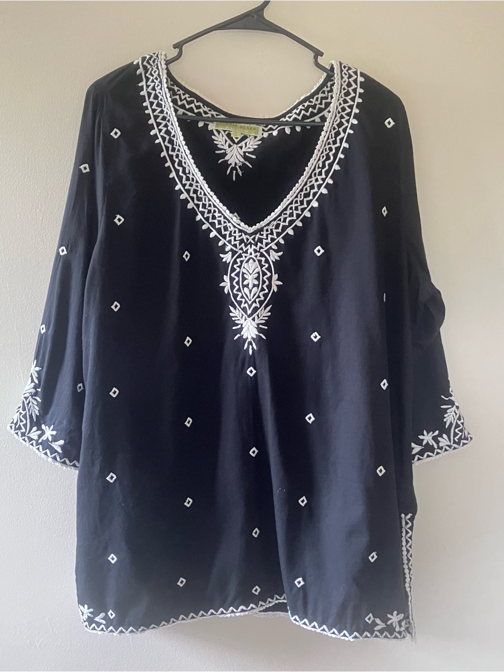 Sigrid Olsen Signature Black Embroidered Cotton Tunic Top Boho XL